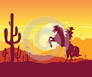 Wild West American desert. Vector Texas prairie landscape with cowboy on horse