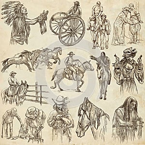 Wild West, American frontier and Native Americans - An hand draw