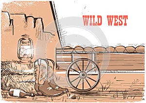 Wild west background with cowboy boots.Vector american prairies