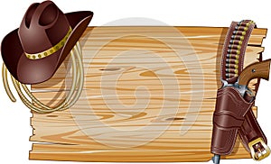 Wild west background with cowboy hat, lasso and gun belt