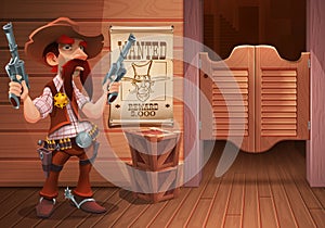 Wild west background scene - cool sheriff cowboy with revolver, door of the saloon and poster with cowboy face.