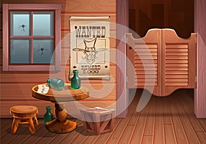 Wild west background scene - door of the saloon, table with chair and poster with cowboy face and the inscription is wanted. photo