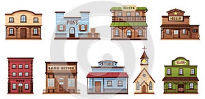 Wild west buildings. Western town houses, wooden saloon and sheriff office city building vector illustration set