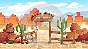 Wild west cartoon illustration with cowboy, skull, wanted poster and mountains. Vector western illustration photo