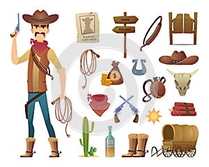Wild west cartoon. Saloon cowboy western lasso symbols vector pictures isolated