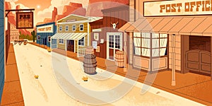 Wild west city. American town in desert. Sunny old street with bar, store, tavern, hotel. Empty sand road between texas