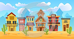 Wild west city, cartoon western cityscape, old wooden house buildings for cowboys, desert landscape