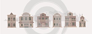 Wild west city wood buildings. Western town saloon, bank, house, church vector illustrations.