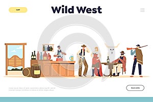 Wild west concept of landing page with cowboy and country people in bar dressed in western clothes