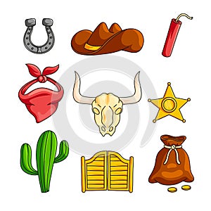 Wild west with cowboy accessories set isolated on white background