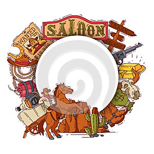 Wild west cowboy elements background with place for text. Colorful cowboy, western, hat, boots and horseshoe vector