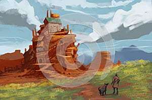 Wild west cowboy and his dog companion on a journey to explore a ruined ghost town in the desert - digital fantasy landscape