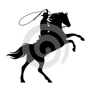 Wild west cowboy with lasso and horse black and white vector silhouette