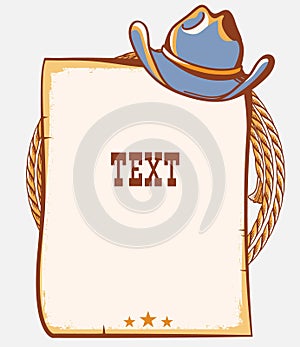 Wild West cowboy paper background for text. Vector western illustration with cowboy hat and lasso isolated on white