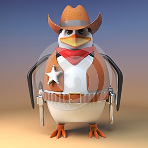 Wild west cowboy penguin sheriff stands steadfast ready to draw his pistols, 3d illustration