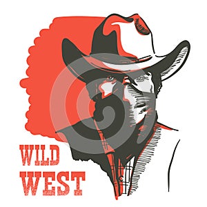 Wild West Cowboy portrait man in bandanna mask. Vector Western bandit in cowboy hat