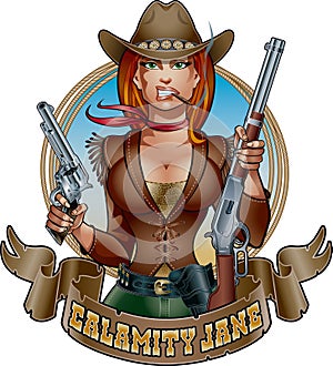 Wild west cowgirl gunslinger holding two guns