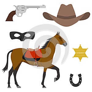 Wild West. Elements of the wild west. A horse, a cowboy`s cap, a sheriff`s star, a horseshoe. photo