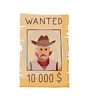 Wild west flat icon. Accessorie or object game and app ui icon. Wanted reward poster