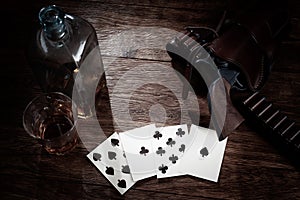 Wild west gambling. Dead man`s hand. Two-pair poker hand consisting of the black aces and black eights, held by Old West folk her photo