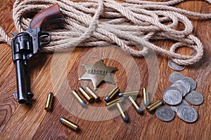 Wild west gun, ammunition and U.S. Marshal Badge