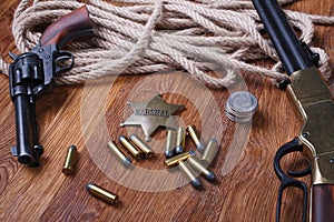 Wild west gun, ammunition and U.S. Marshal Badge