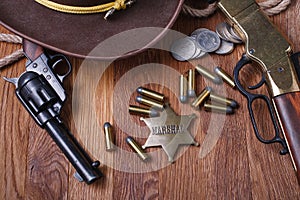 Wild west gun, ammunition and U.S. Marshal Badge