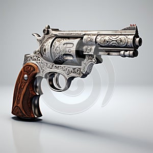 Wood And Silver Revolver: A Photorealistic, Ornate Weapon With Detailed Character Illustrations photo