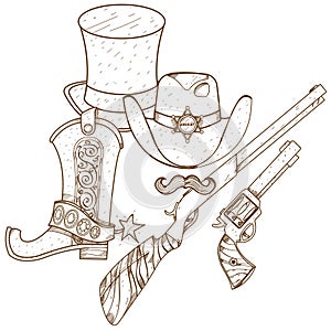 Wild West Guns. Slasher, revolver, shotgun outline drawing for coloring