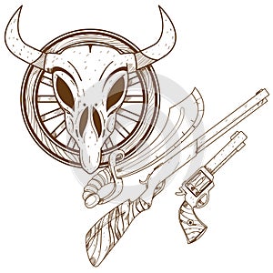 Wild West Guns. Slasher, revolver, shotgun outline drawing for coloring photo