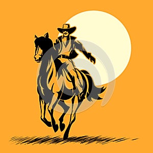 Wild west hero, cowboy silhouette riding horse