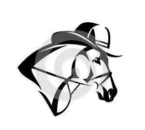wild west horse wearing cowboy hat black and white vector head portrait