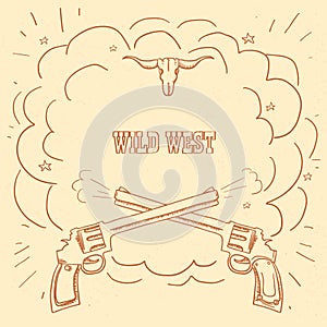 Wild West illustration with cowboy guns and burst space for western text on old background
