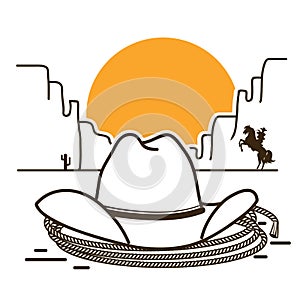 Wild West illustration with cowboy western hat on American desert