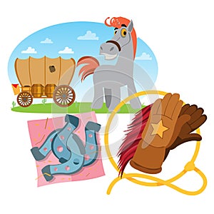 Wild west illustrations. Wagon, horse, lasso and horseshoes