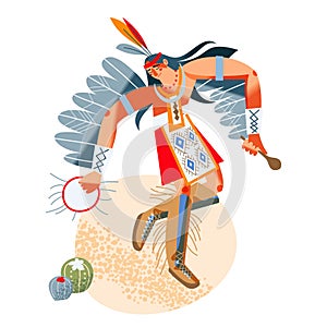 Wild west indian american boy dancing. Western native man in costume vector illustration. Young male performing ritual