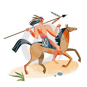 Wild west indian american man on horse with spear. Western native person with weapon vector illustration. Young armed