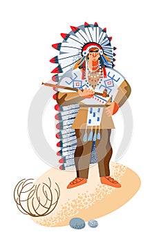 Wild west indian american man smoking with pipe. Western native person with object vector illustration. Young guy