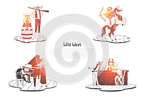 Wild West - Indian with archery on horse, hunter with gun, saloon with drinks and tavern with musicians vector concept set