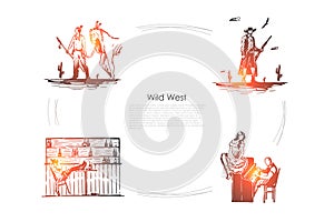 Wild west - Indian Yankee, cowboy, saloon, playing piano vector concept set