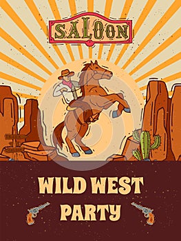 Wild west invite party template vector illustration. Vintage western poster and cowboy party flyer or invitation