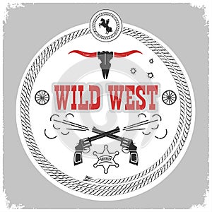 Wild west label with cowboy decotarion isolated on white. photo