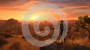 a wild west landscape artwork of a cowboy watching the sunset, ai generated image