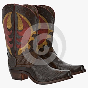 Wild west leather cowboy boots with spurs isolated on white 3d Illustration