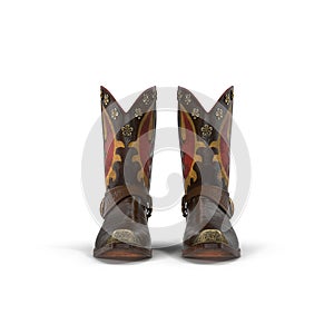 Wild west leather cowboy boots with spurs isolated on white 3d Illustration
