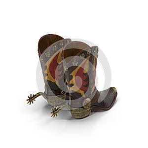 Wild west leather cowboy boots with spurs isolated on white 3d Illustration