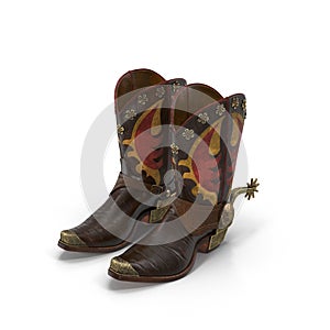 Wild west leather cowboy boots with spurs isolated on white 3d Illustration