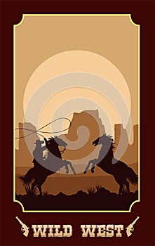 wild west lettering in poster with cowboy in horses lassoing