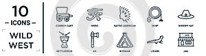 wild.west linear icon set. includes thin line cowboy cart, native american, sheriff hat, ax, lizard, jail, kettledrum icons for