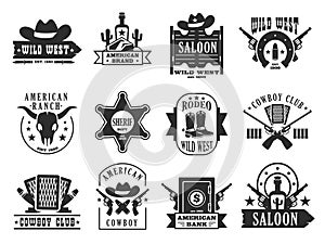 Wild west logo. Western american cowboy badges with cactus horse lasso gun elements, cartoon flat emblems for print